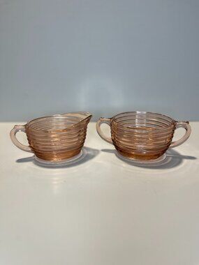 Anchor Hocking Pink Depression Glass Creamer and Sugar Bowl Set Vintage